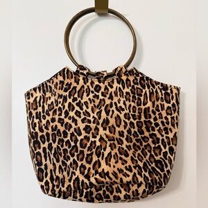 Leopard Purse Bag Tan Leopard Print Two Round Metal Handles Open Interior Boho
